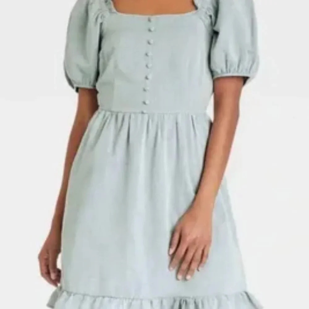 NWT Who What Wear Chambray Light Blue Twill Puff Sleeve Mini Dress in Size XXL
